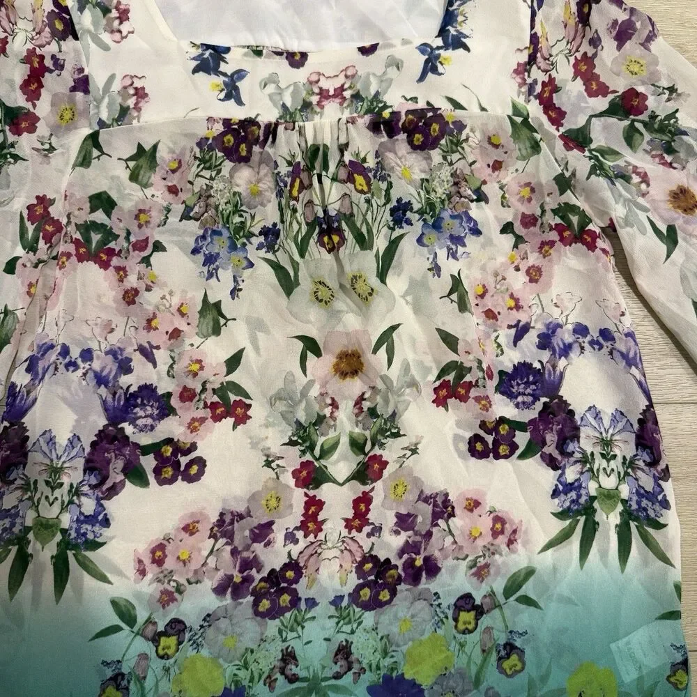 Vanessa Virginia Anthropologie Top Sz M Medium 8 Green Silk Blouse Floral Ombre